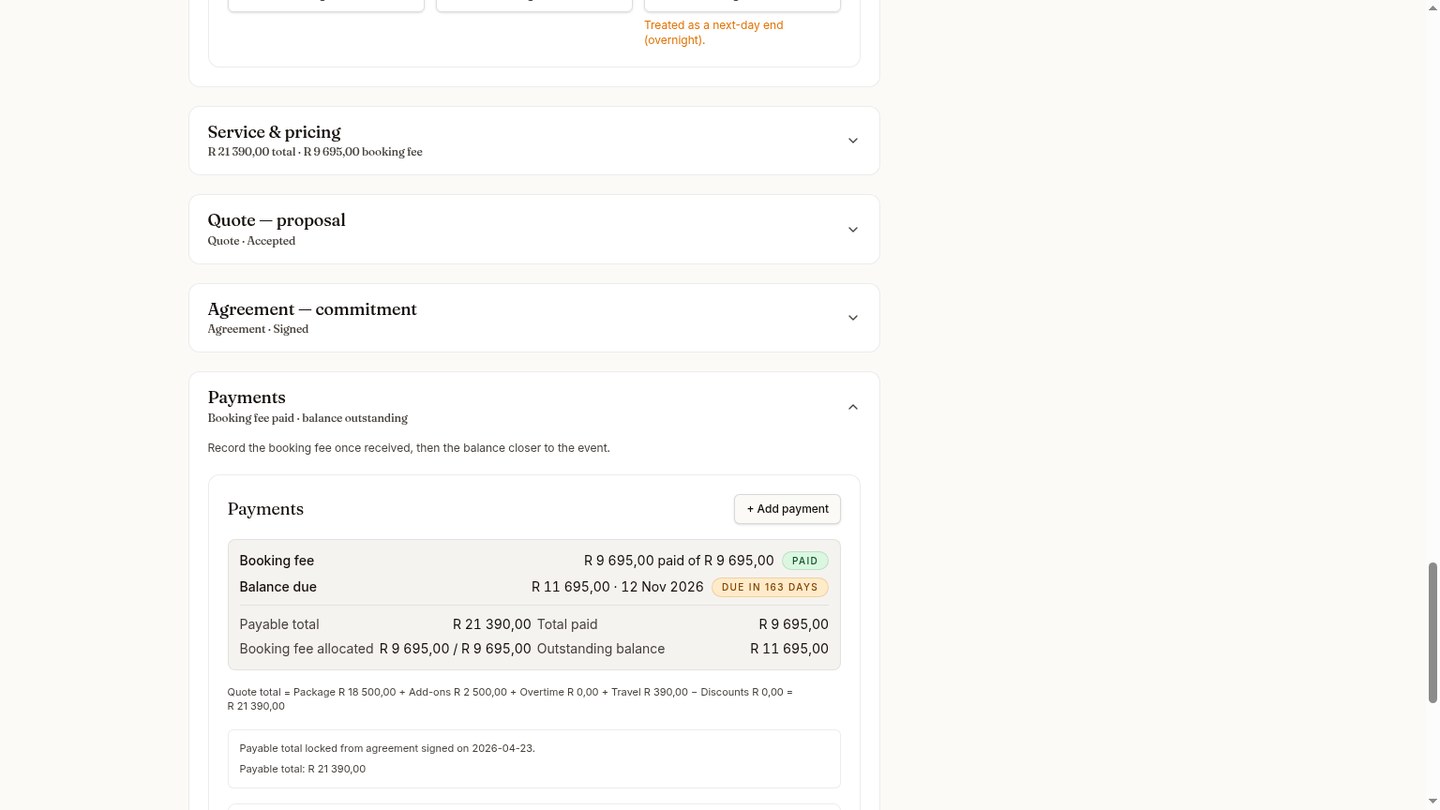 Event payments view in EncoreCRM showing the booking fee paid, outstanding balance, payable total and the payment history.