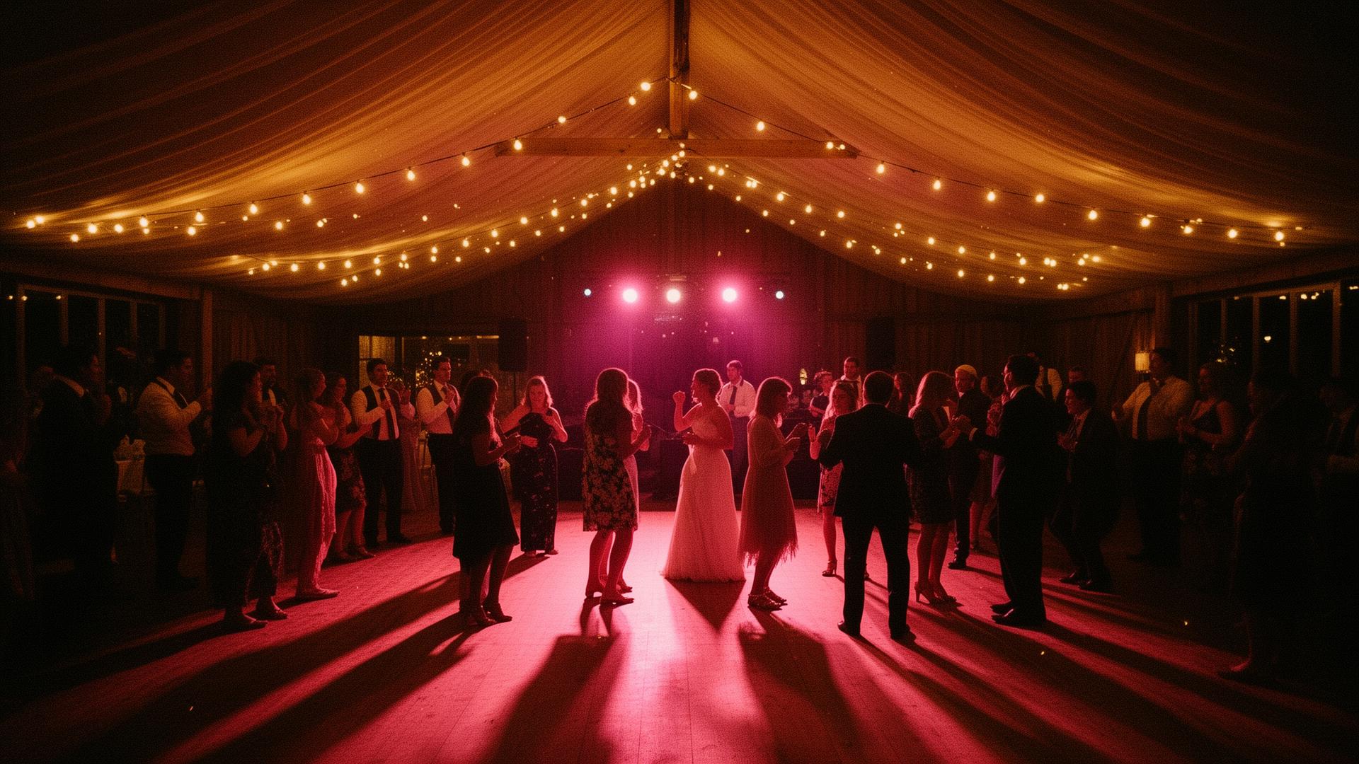 Packed wedding dance floor at night under warm uplighting, captured from the DJ's perspective — the moment EncoreCRM is built to help DJs and MCs deliver.
