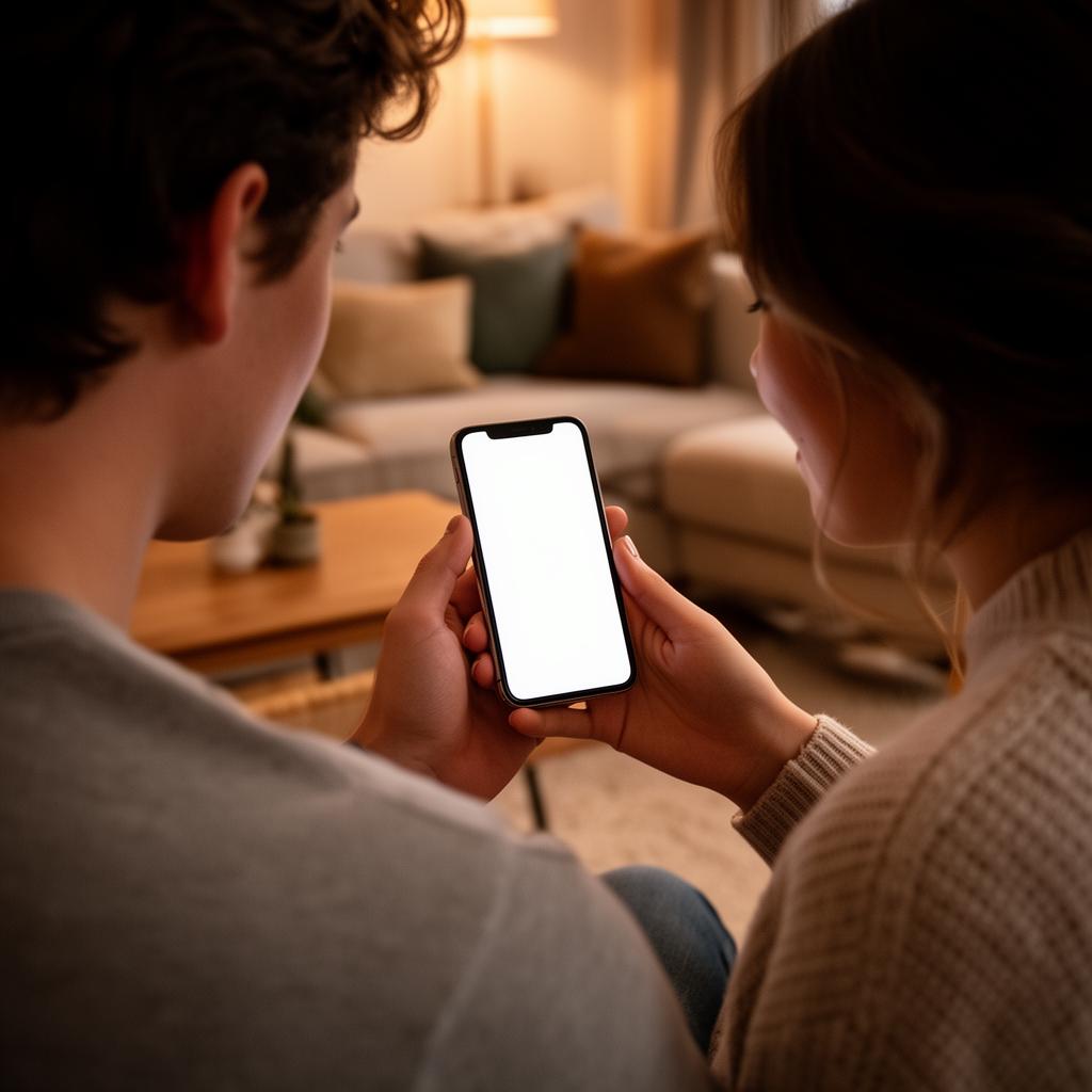 A couple reviewing event details together on a phone at home.