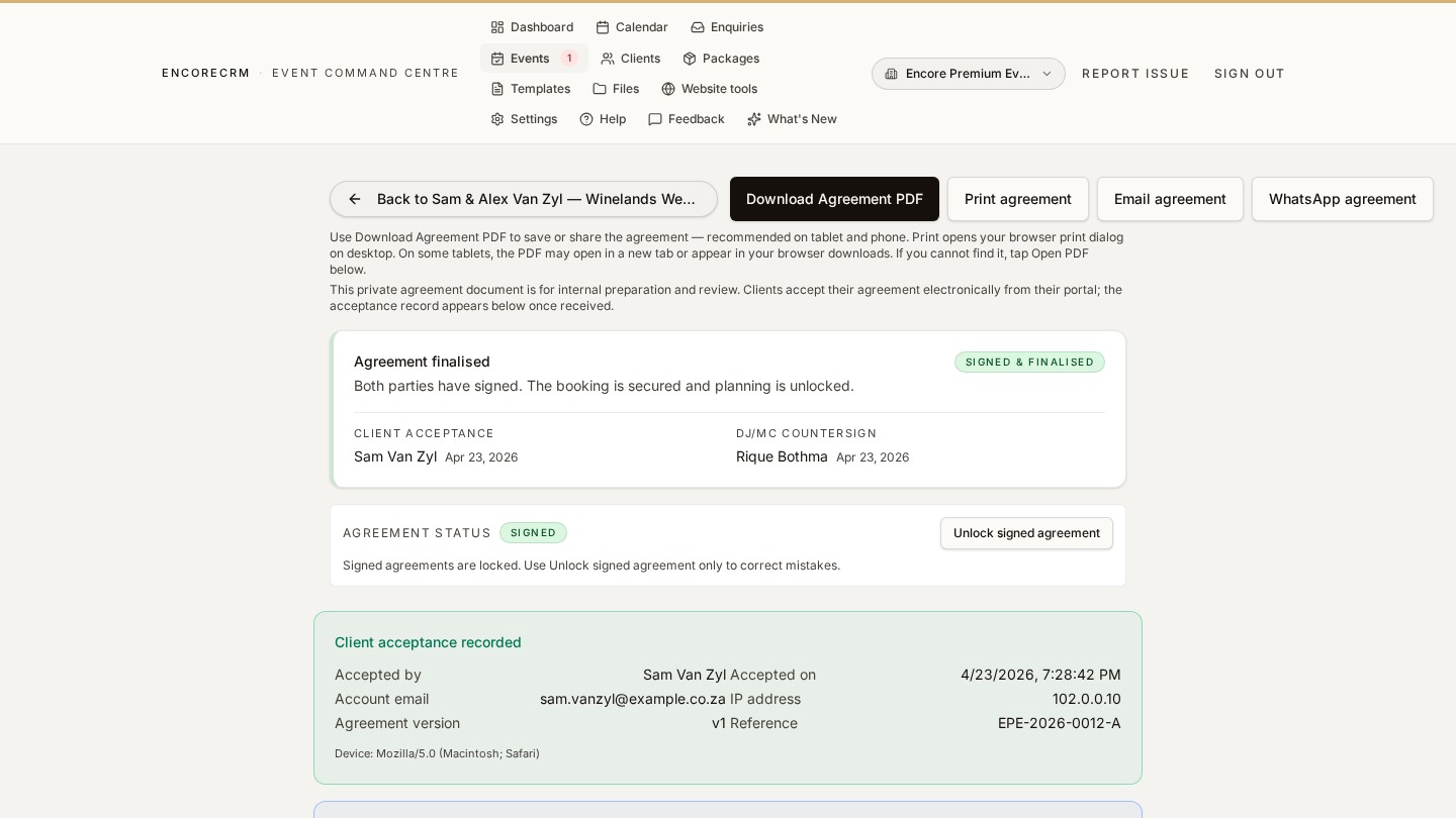 Signed agreement page in EncoreCRM showing the Signed & Finalised banner and the client acceptance record with timestamp and reference.