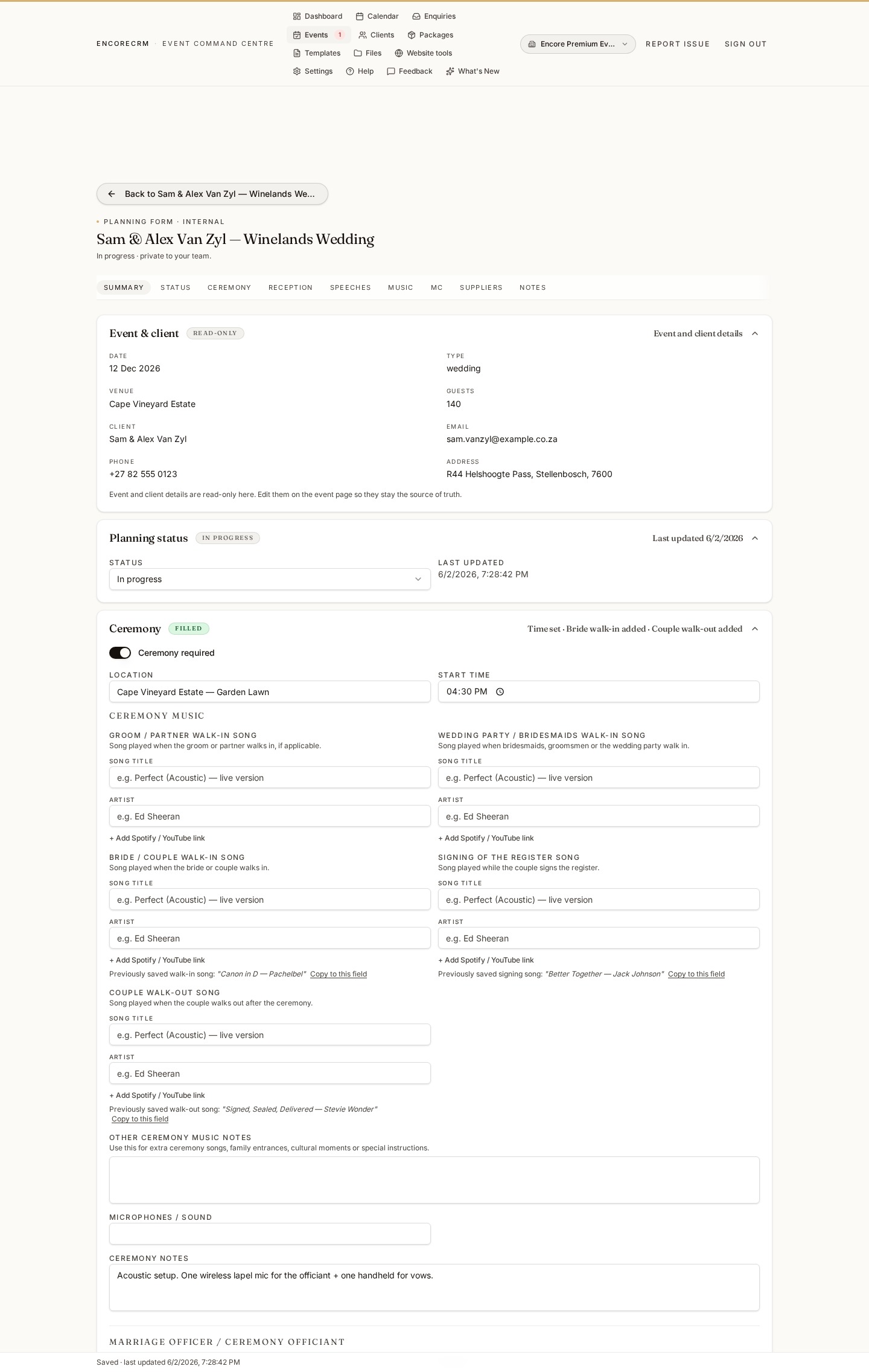 EncoreCRM planning form showing the planning status, ceremony, reception, speeches and music sections with playlists and client documents.
