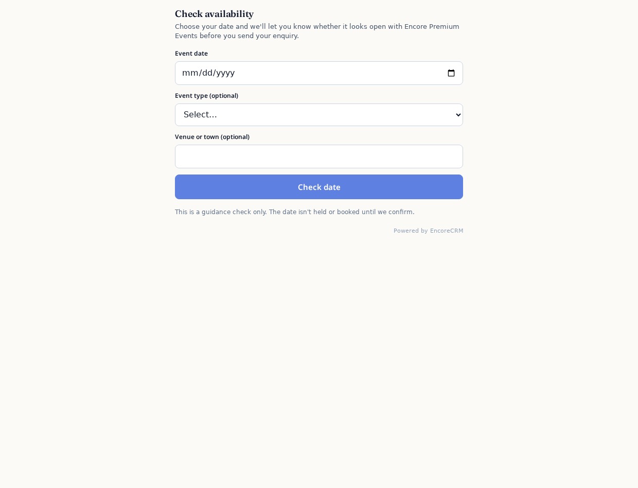 EncoreCRM Check availability widget embedded on a DJ website — event date, event type and venue fields with a Check date button and a note that the date isn't held or booked until confirmed.