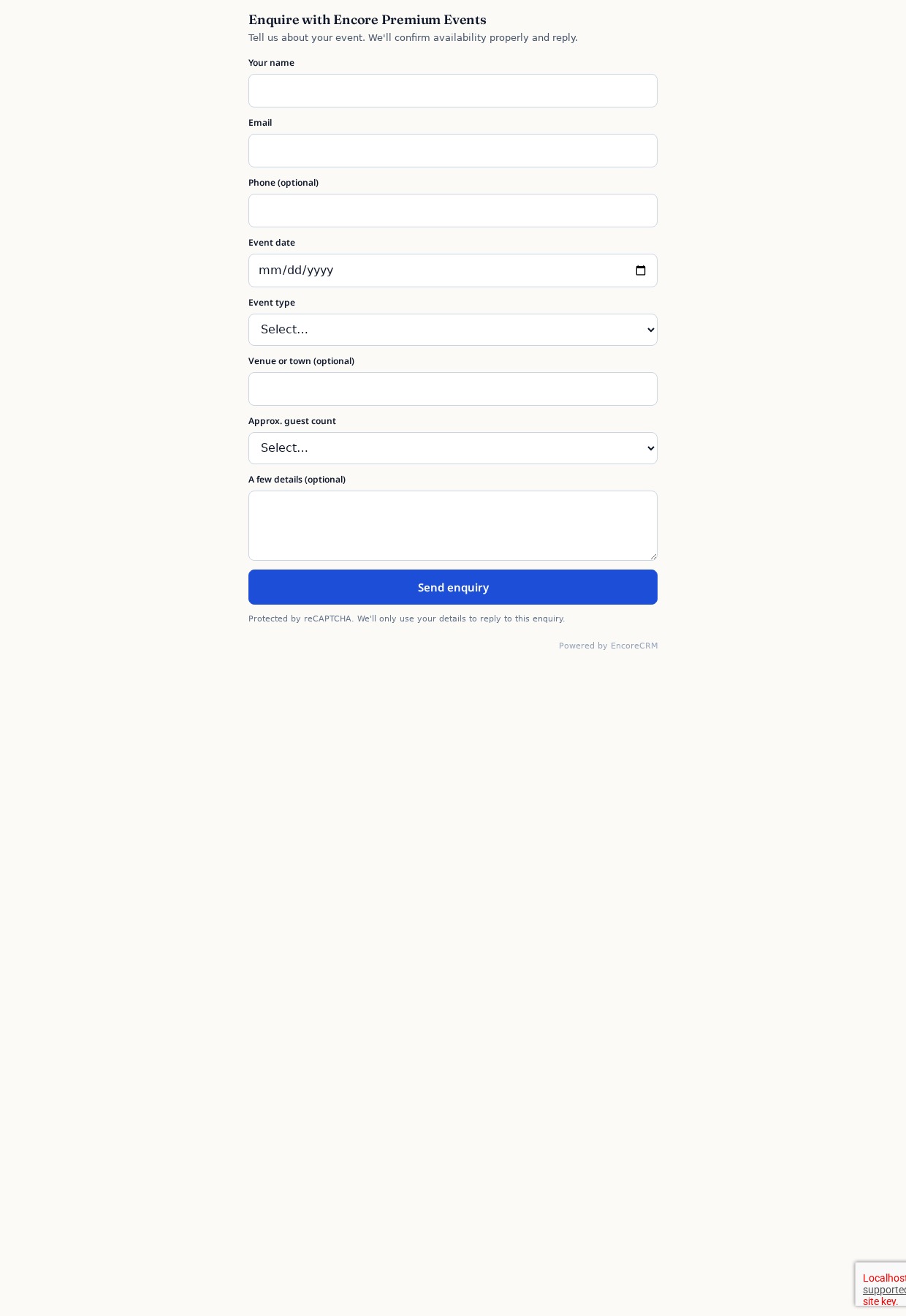 EncoreCRM Enquiry form widget embedded on a DJ website — full event enquiry form with client, event, venue and message fields.