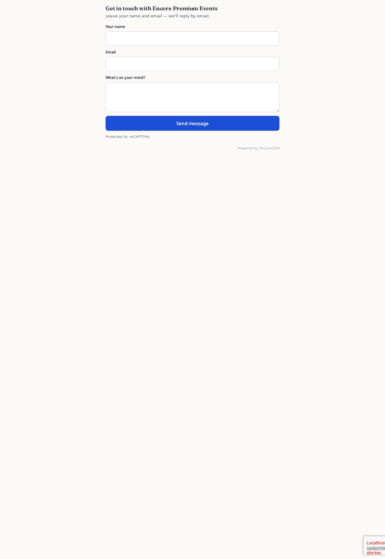 EncoreCRM Quick lead capture widget embedded on a DJ website — short form with name, email and message fields.